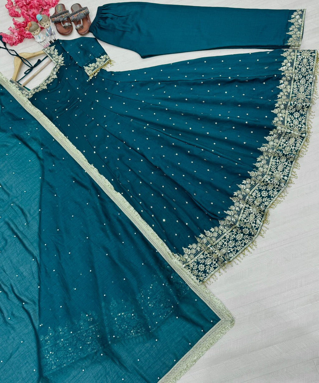 Silk Anarkali Gown Dupatta Pent Plazzo Set With Embroidery Sequence Work
