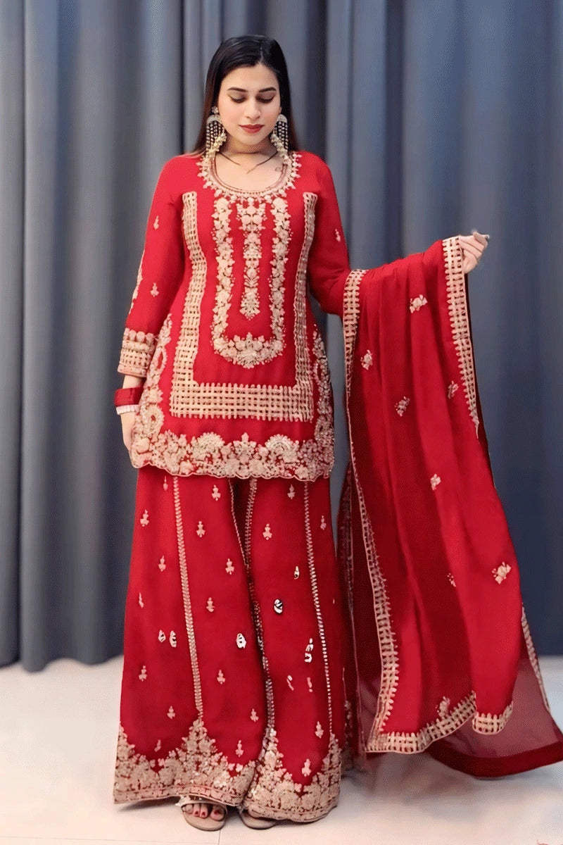 Fashion Red Georgette Embroidered Sequin Palazzo Suit