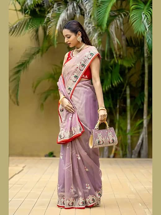 Lavender and red saree