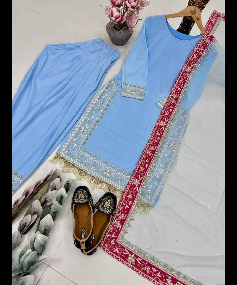 Designer Heavy Diamond Georgette Embroidery Work Punjabi Salwar Suit Set
