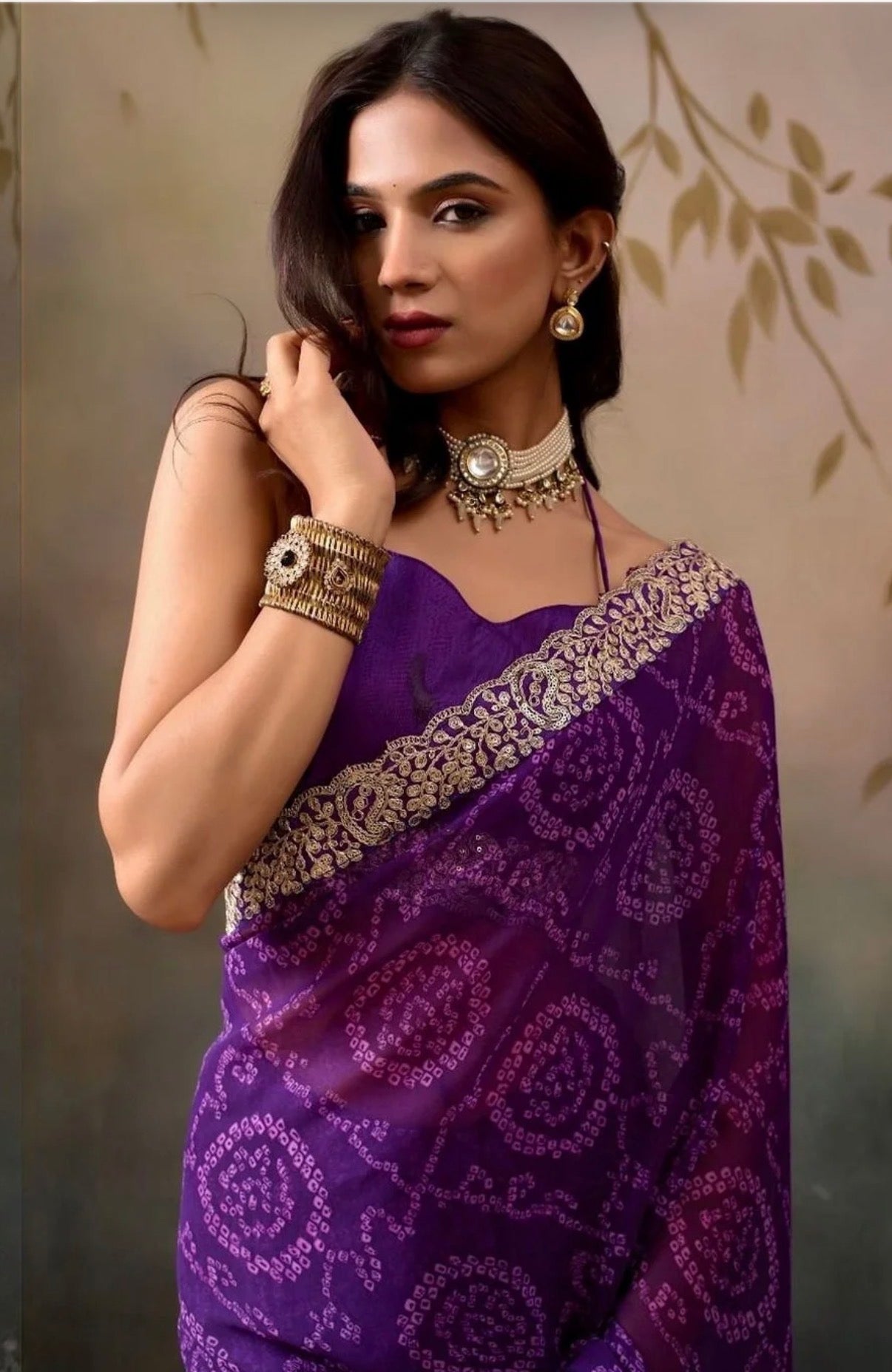 Bandhani printed saree with embroidered border