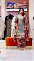 Silk Embroidered Sequence Work Plazzo Set With Purse