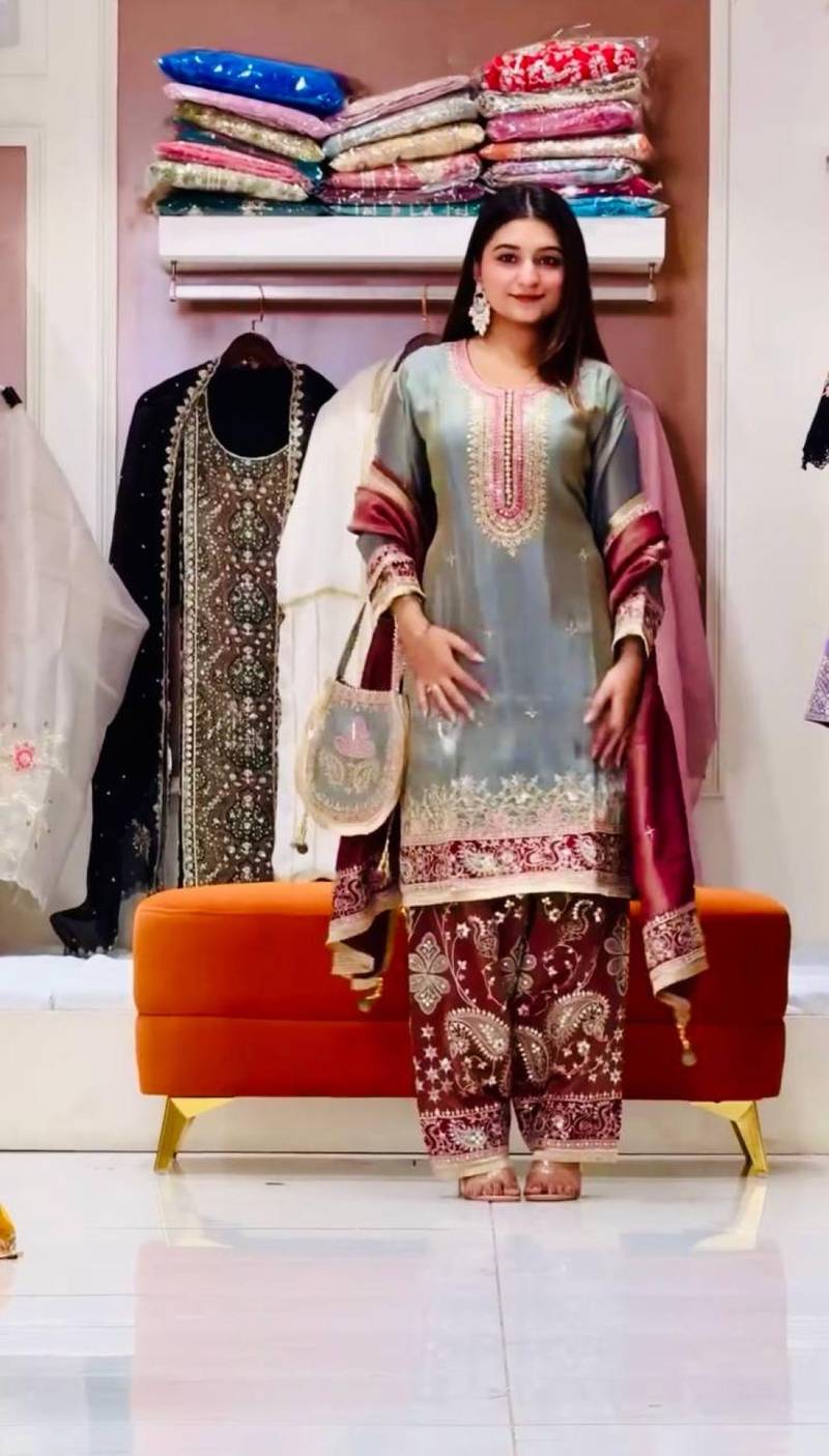 Silk Embroidered Sequence Work Plazzo Set With Purse