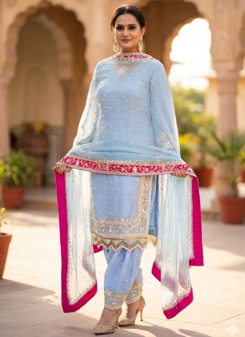 Designer Heavy Diamond Georgette Embroidery Work Punjabi Salwar Suit Set