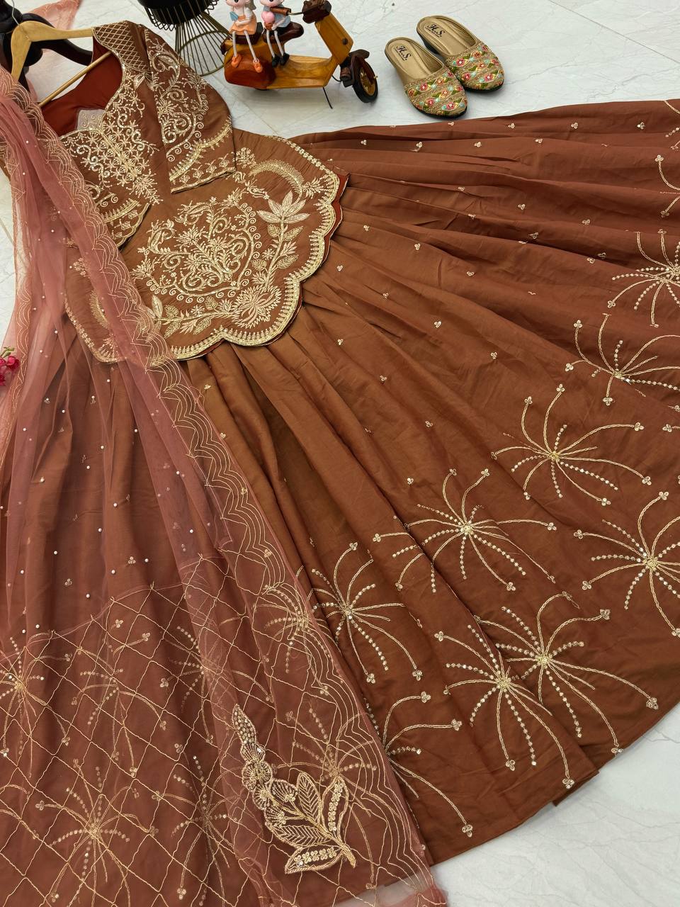 Brown Simmer Silk Lehenga Set With Dupatta
