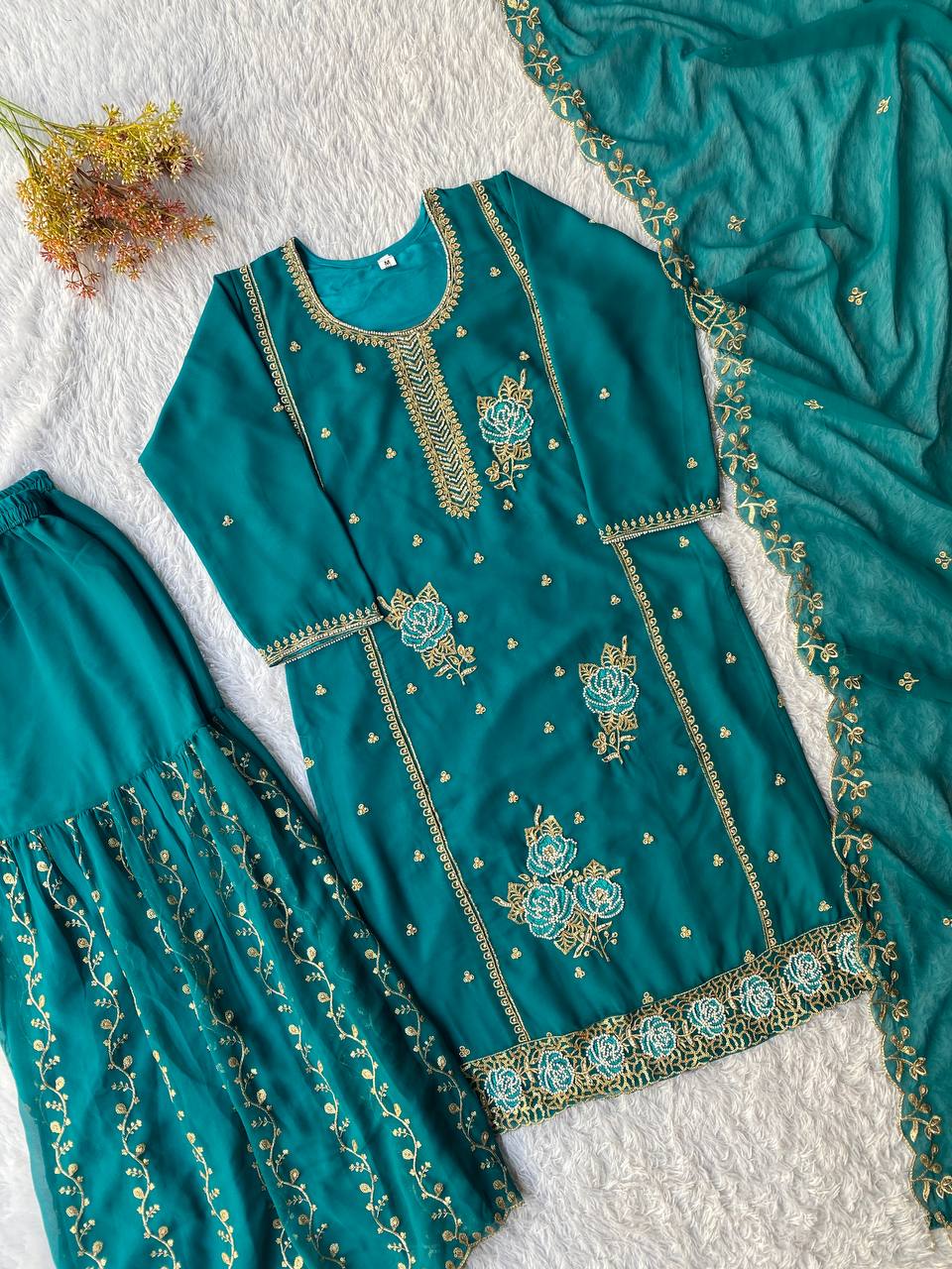 Festive Special Designer Fox Georgette Beads Work Kurti Gharara Suit With Dupatta