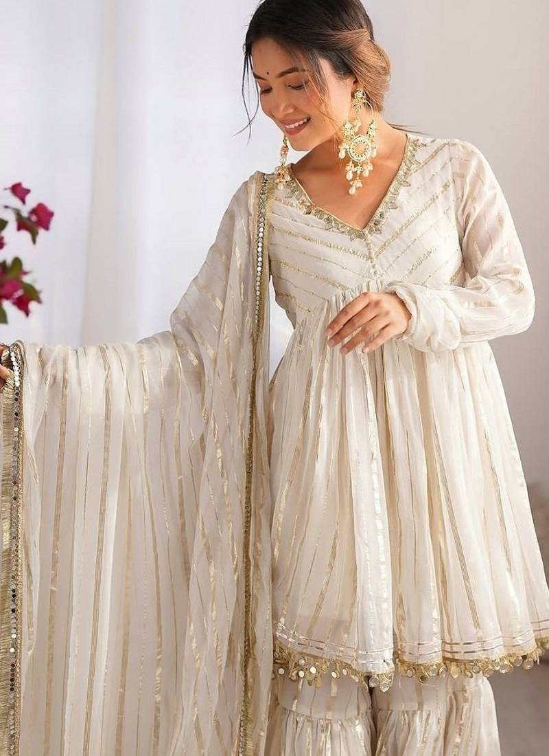 White Color Mal Chanderi Fabric With Mirror Work Top Sharara