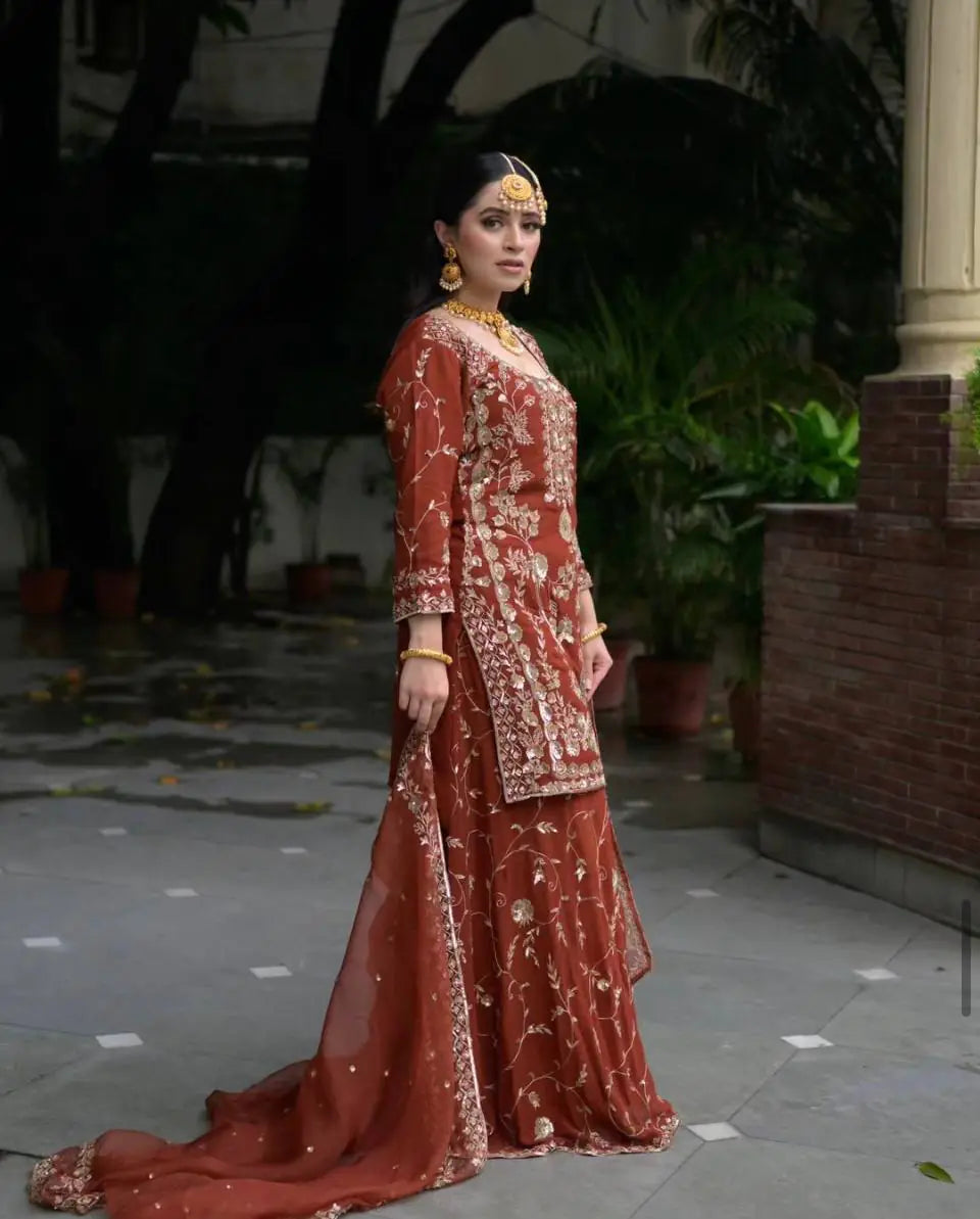 Heavy Embroidered Sharara Set Georgette Rust Orange