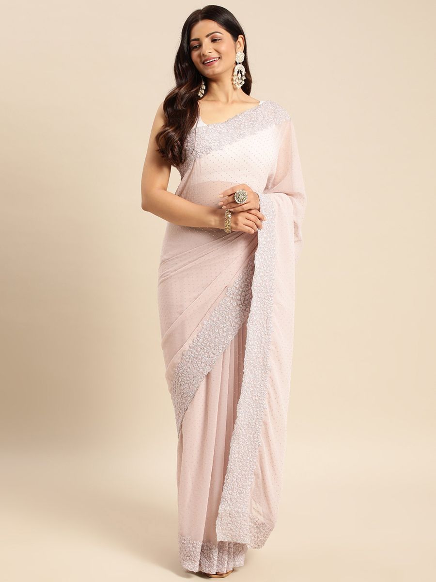 Peach Diamond Work Saree With Unstitched Blouse