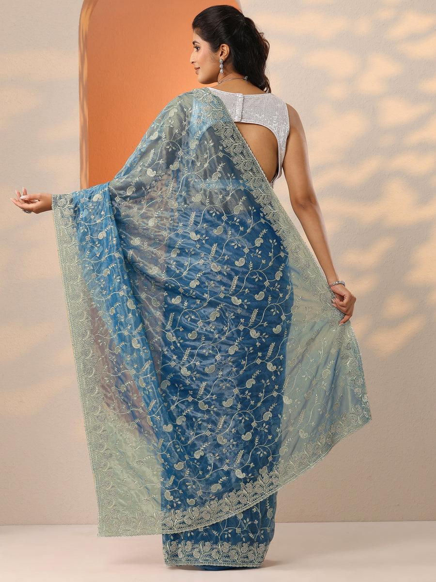 Blue Embellished Nylon Saree With Unstitched Blouse Piece