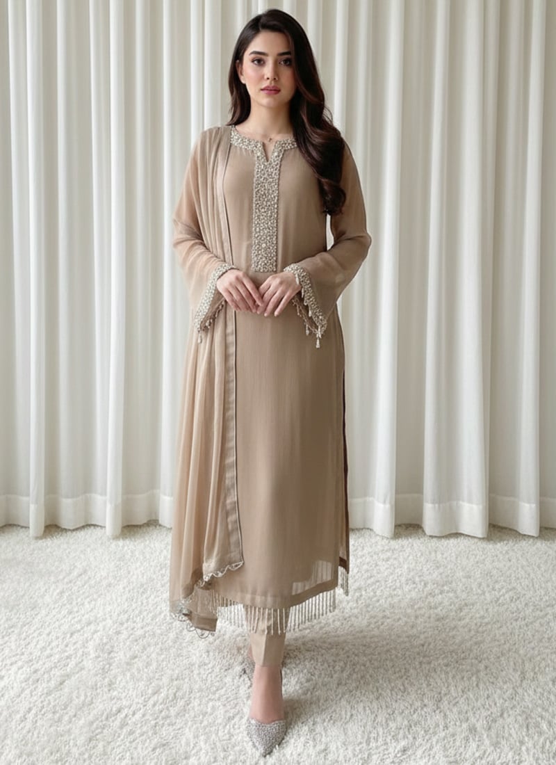 Brown Georgette Beads Stones Hand Embroidered Straight Pant Suit