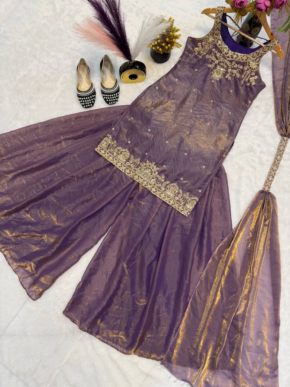 Embroidered Sequence Ready To Wear Top Palazzo Dupatta Set