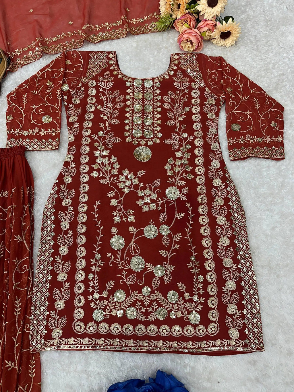 Heavy Embroidered Sharara Set Georgette Rust Orange