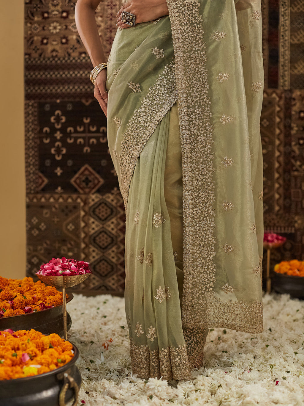 Green Floral Zardozi Supernet Saree