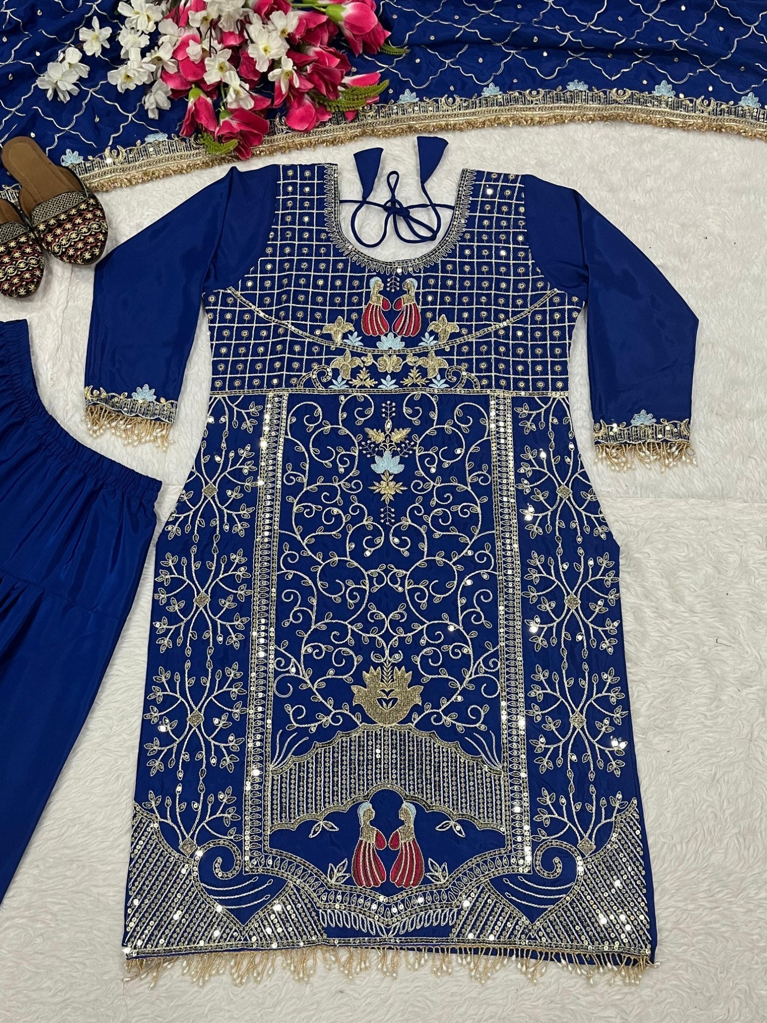Embroidered Royal Blue salwar Suit: Peacock Motif Ethnic Outfit