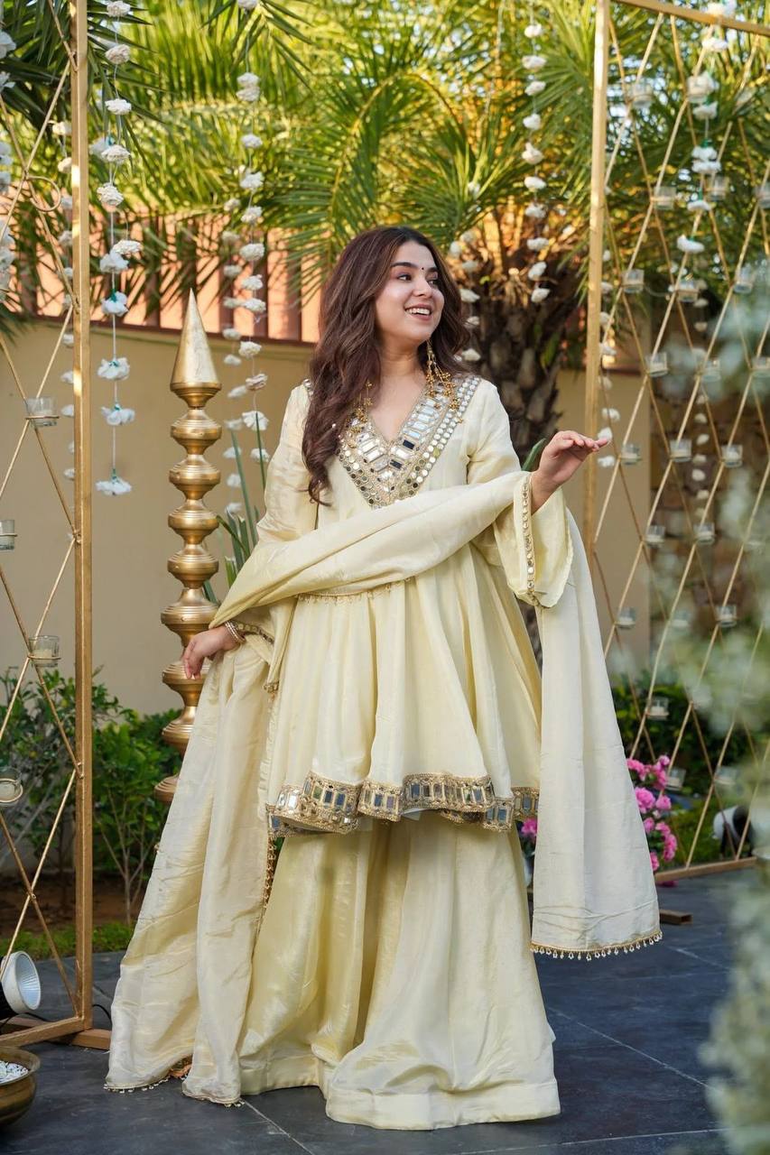 Elegance Mirror Work Anarkali With Sharara & Dupatta