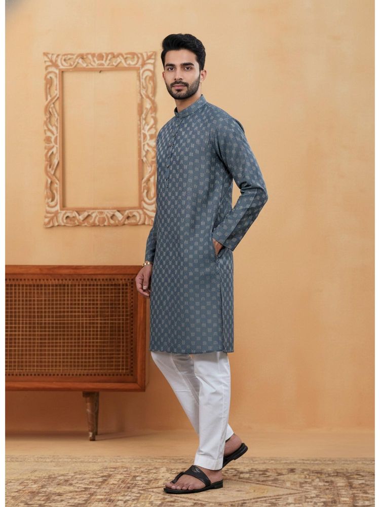 Mens Grey Cotton Woven Kurta with Cotton Pyjama