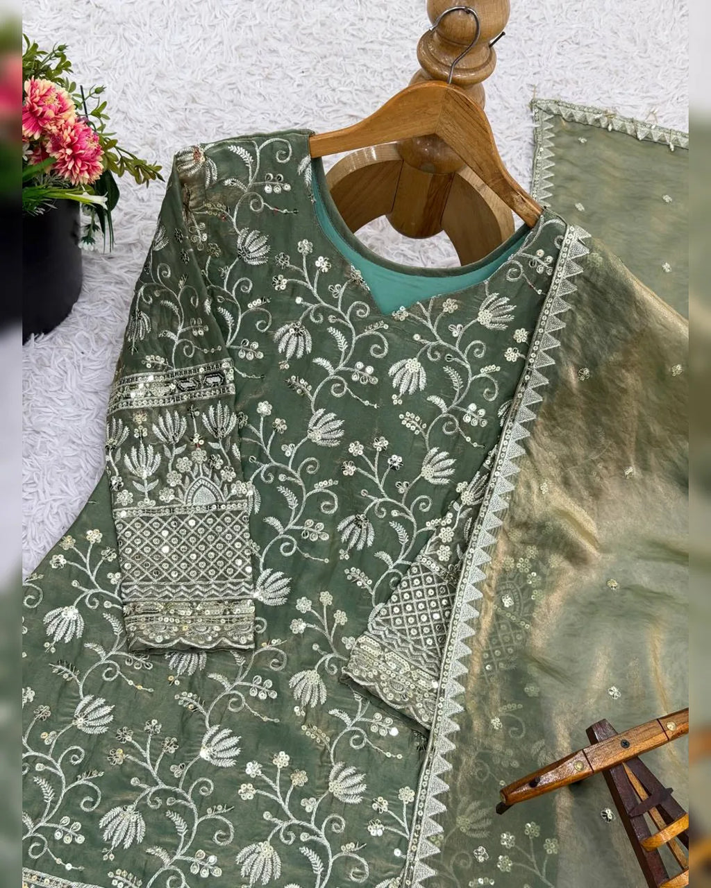 Heavy Embroidery Sequence Work Top Sharara & Dupatta Set