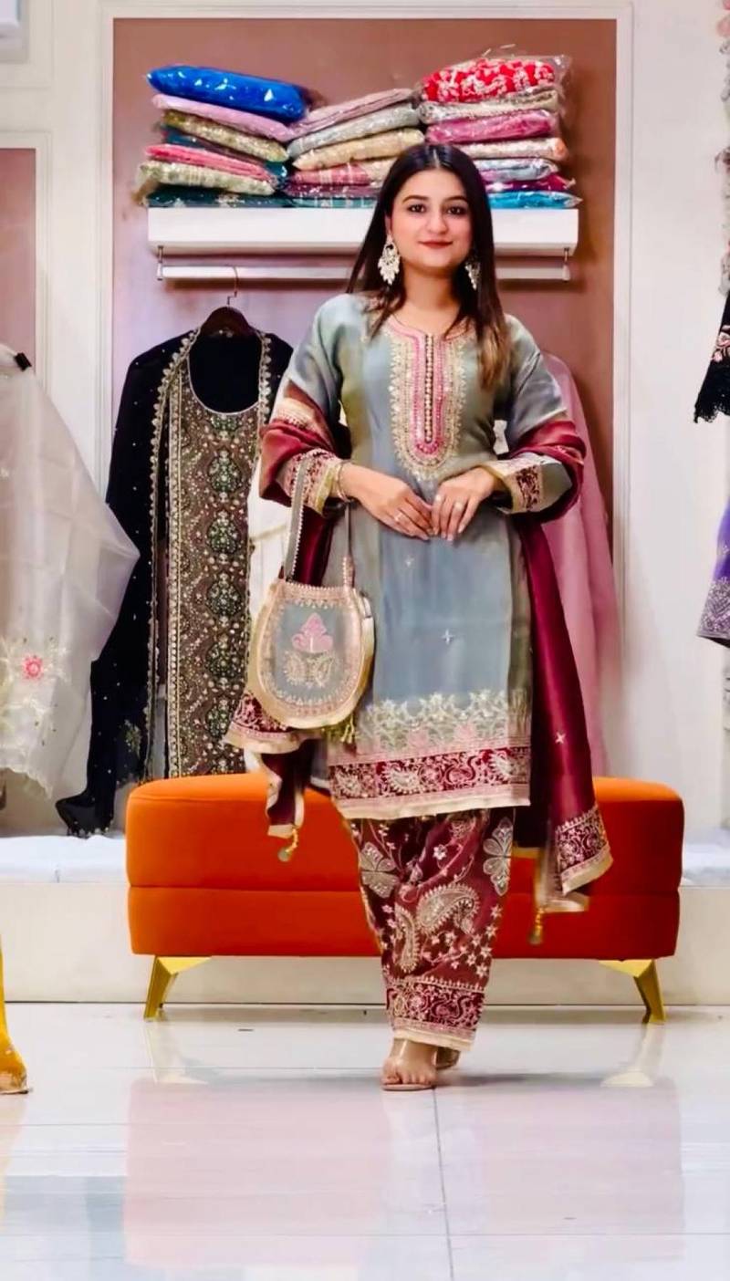 Silk Embroidered Sequence Work Plazzo Set With Purse