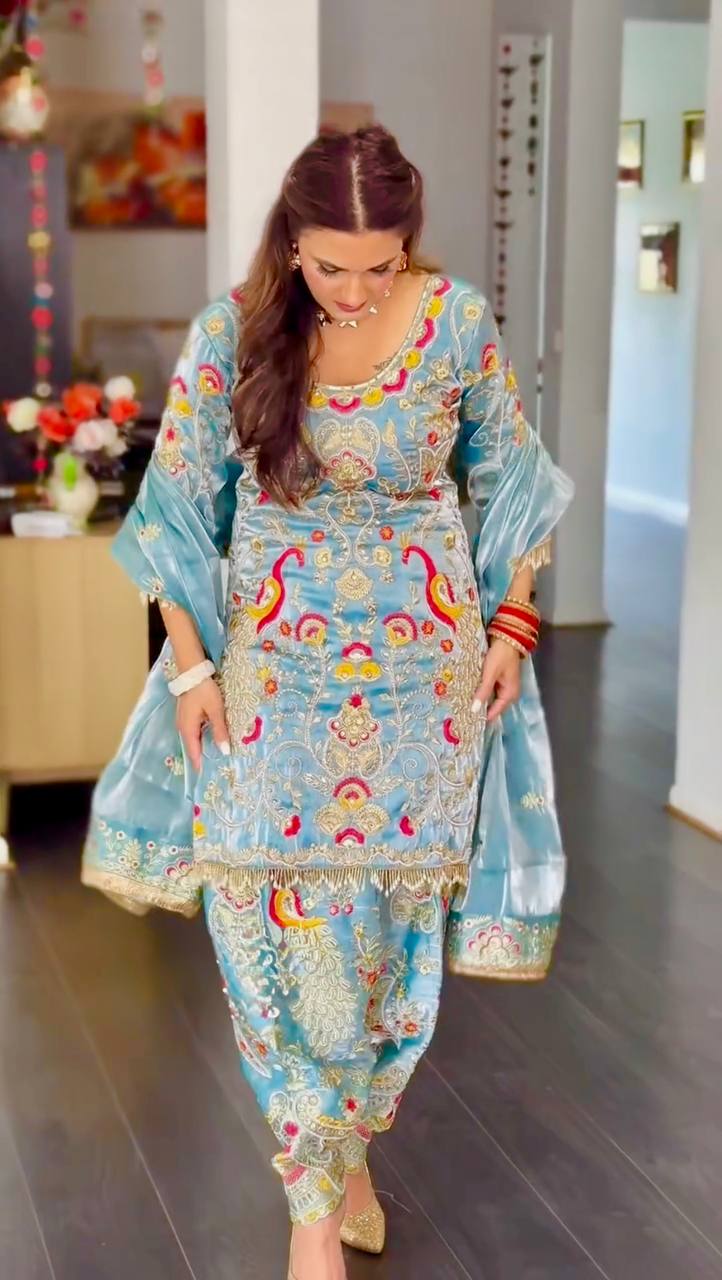 Sky Blue 3-Piece salwar suit| Heavy Jimmy Choo Fabric Party Wear