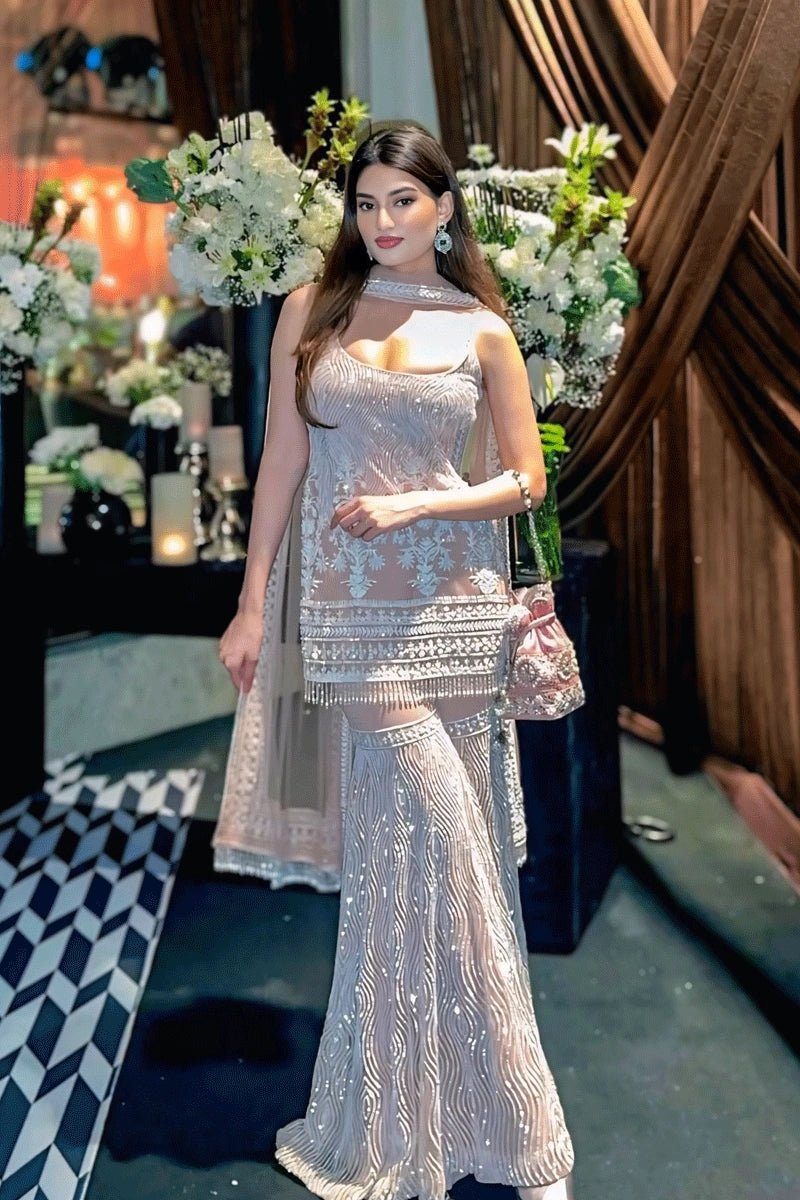 Designer Reception Party Wear Soft Net Sharara Suit