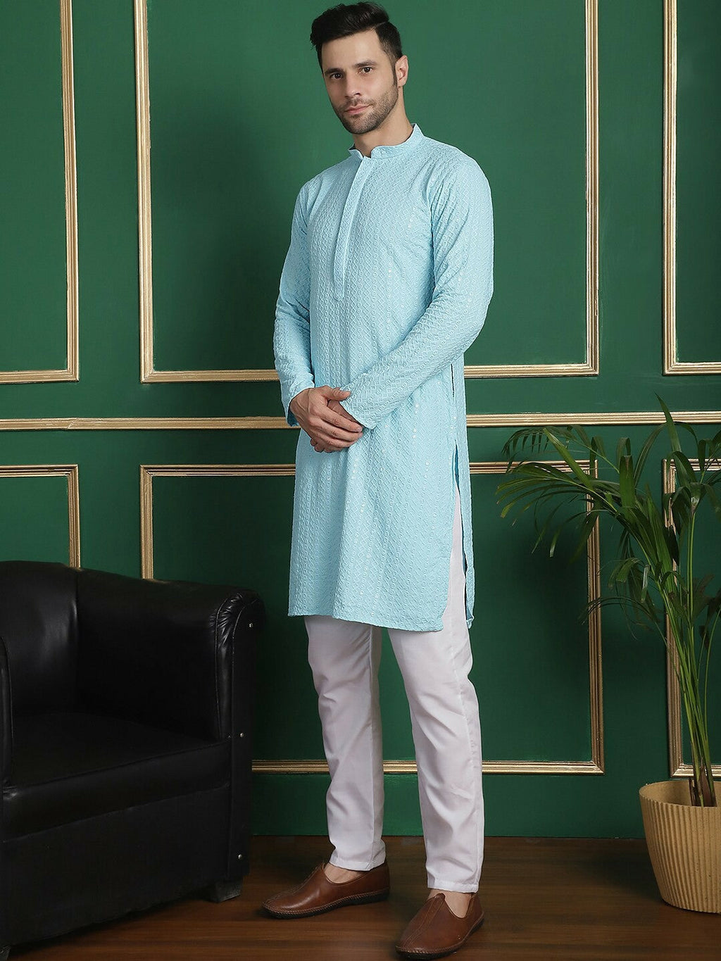 Embroidered Sequinned Kurta with Pyjamas