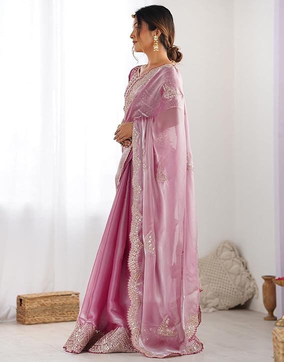 Organza Sequence Embroidery Scollped Border Saree