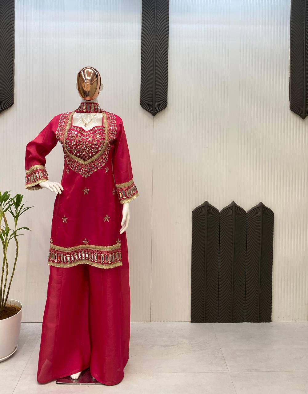 Embroidered Palazzo Suit | Festive 4-Piece Mirror Work Set