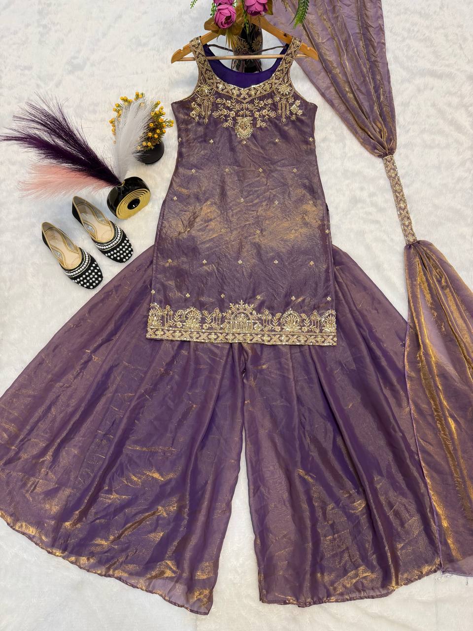 Embroidered Sequence Ready To Wear Top Palazzo Dupatta Set
