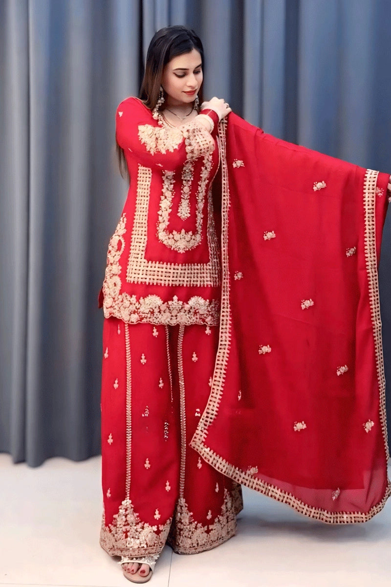 Fashion Red Georgette Embroidered Sequin Palazzo Suit