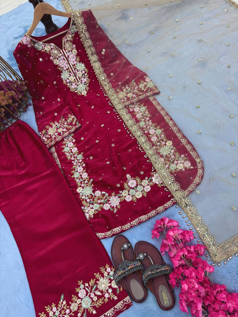 Party Wear Chinon Silk Plazzo Set – Exquisite Embroidery & Handwork