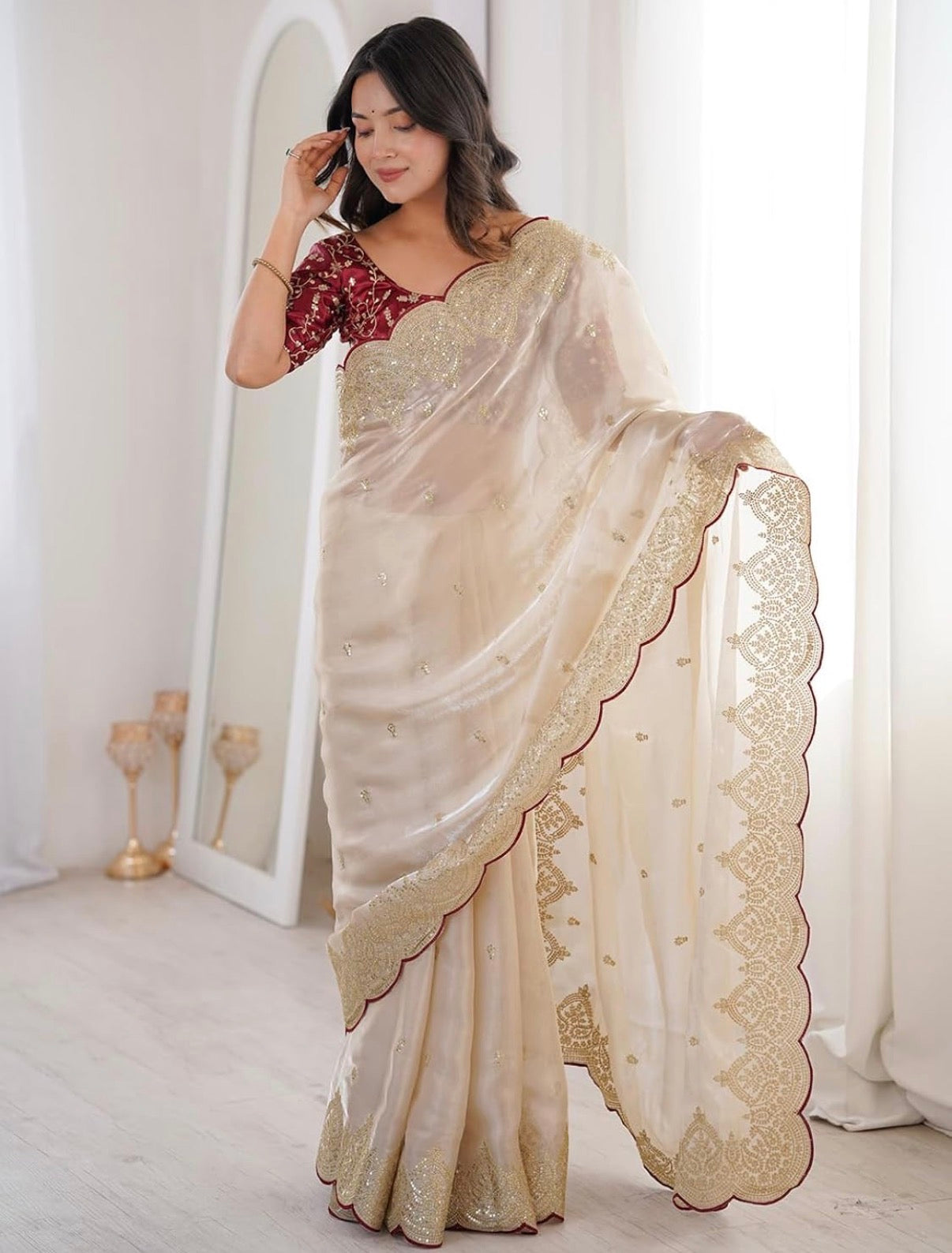 Cream and red saree✨
