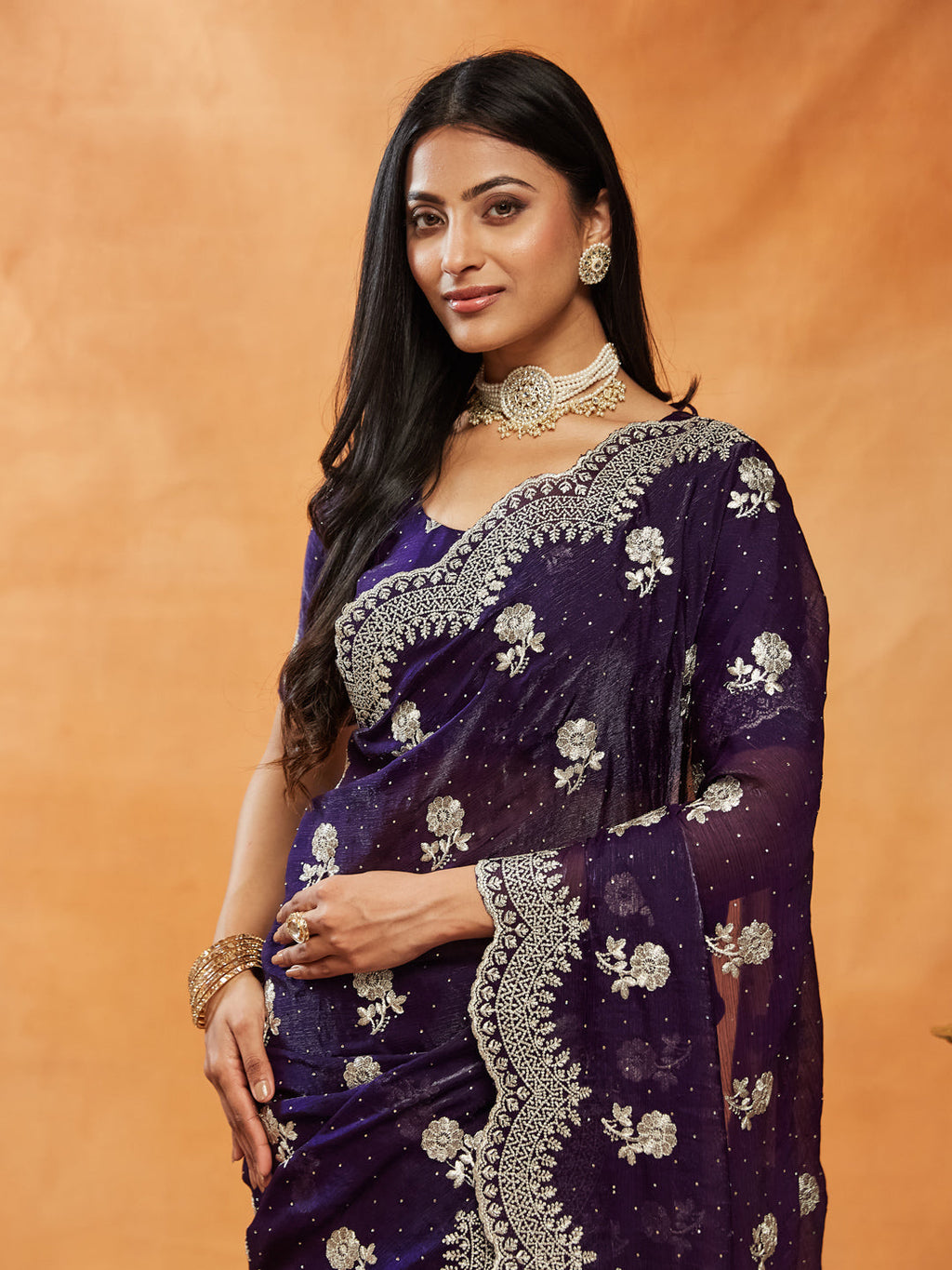 Embellished Embroidered Pure Chiffon Saree
