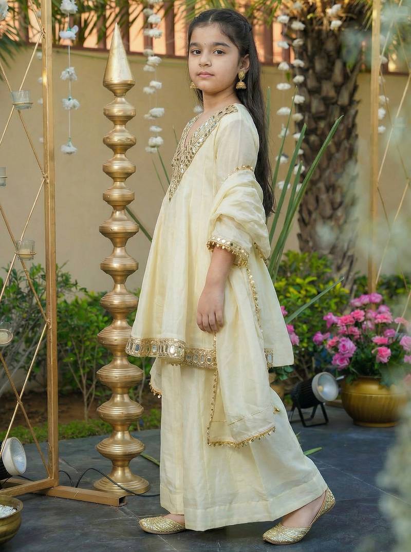 Girl's Silk Mirror Embroidered Designer Kurta Palazzo With Dupatta Set