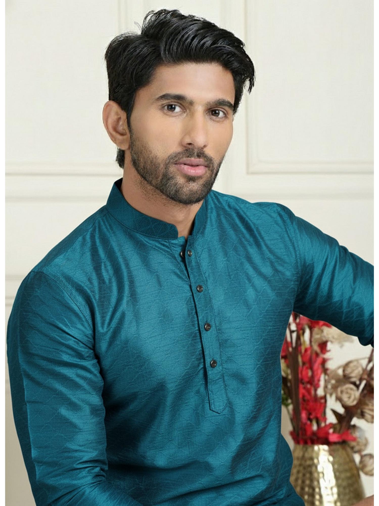 Mens Teal Art Silk Embroidered Kurta with Pyjama