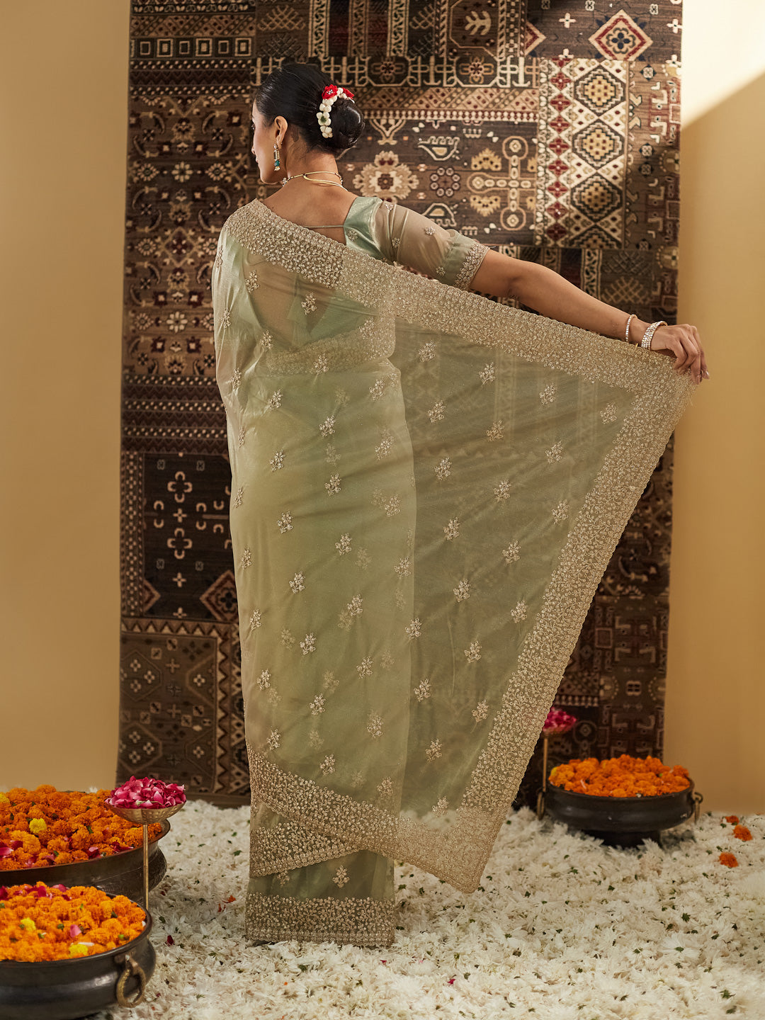 Green Floral Zardozi Supernet Saree