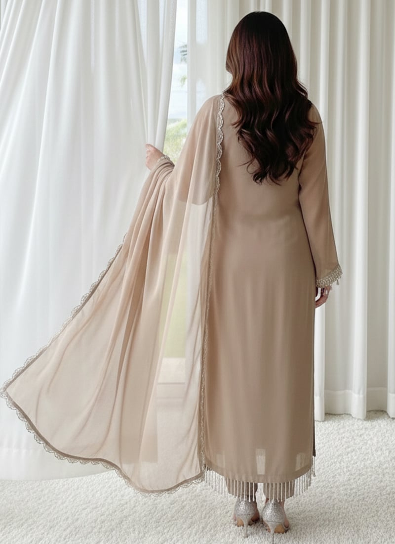 Brown Georgette Beads Stones Hand Embroidered Straight Pant Suit