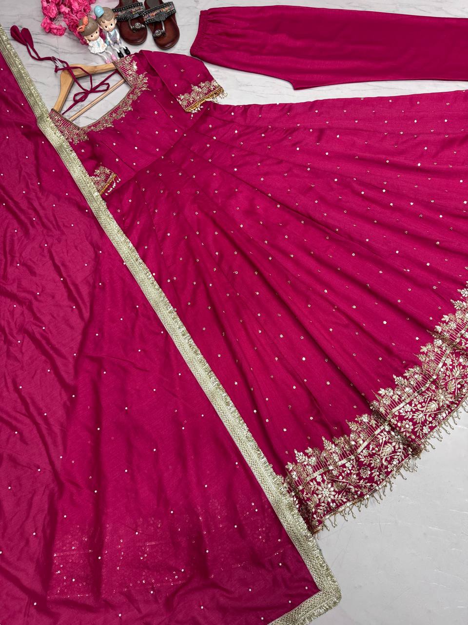 Silk Anarkali Gown Dupatta Pent Plazzo Set With Embroidery Sequence Work