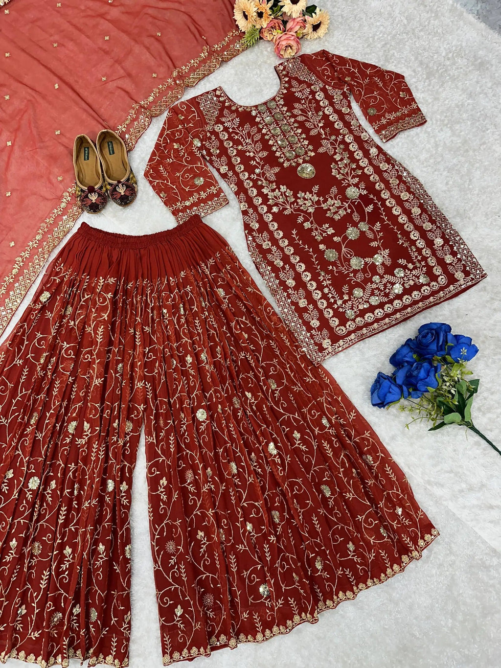 Heavy Embroidered Sharara Set Georgette Rust Orange