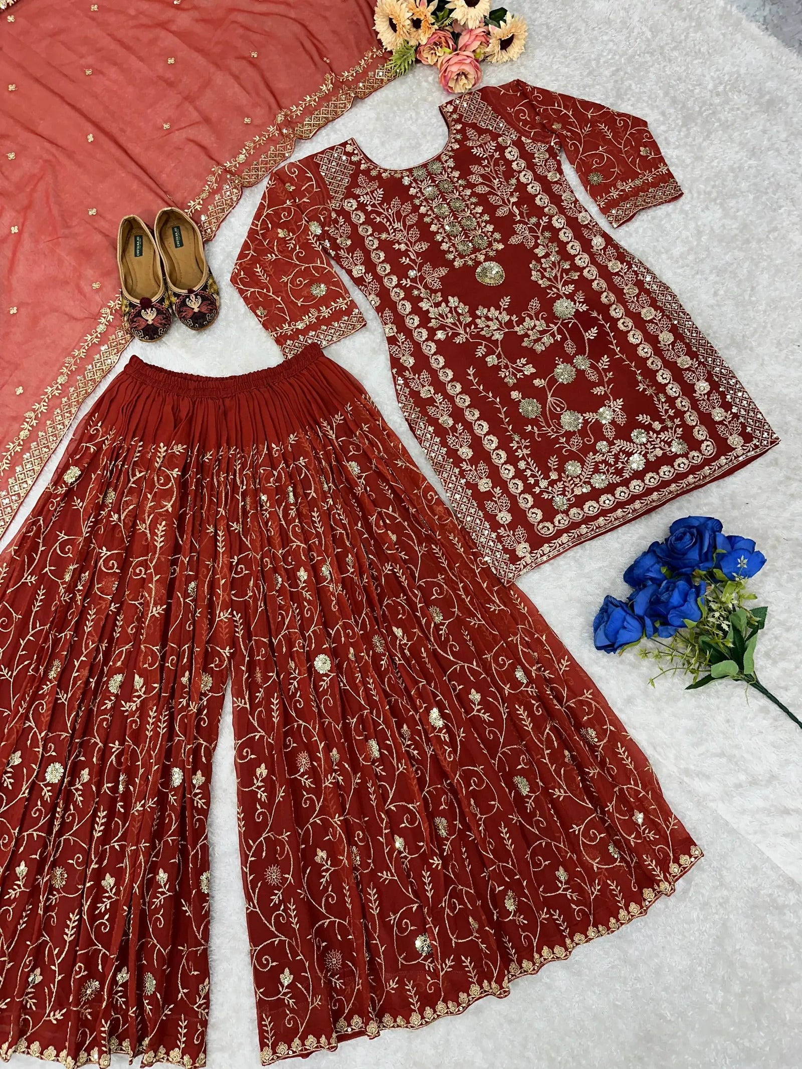 Heavy Embroidered Sharara Set Georgette Rust Orange