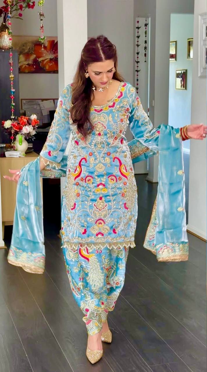 Sky Blue 3-Piece salwar suit| Heavy Jimmy Choo Fabric Party Wear
