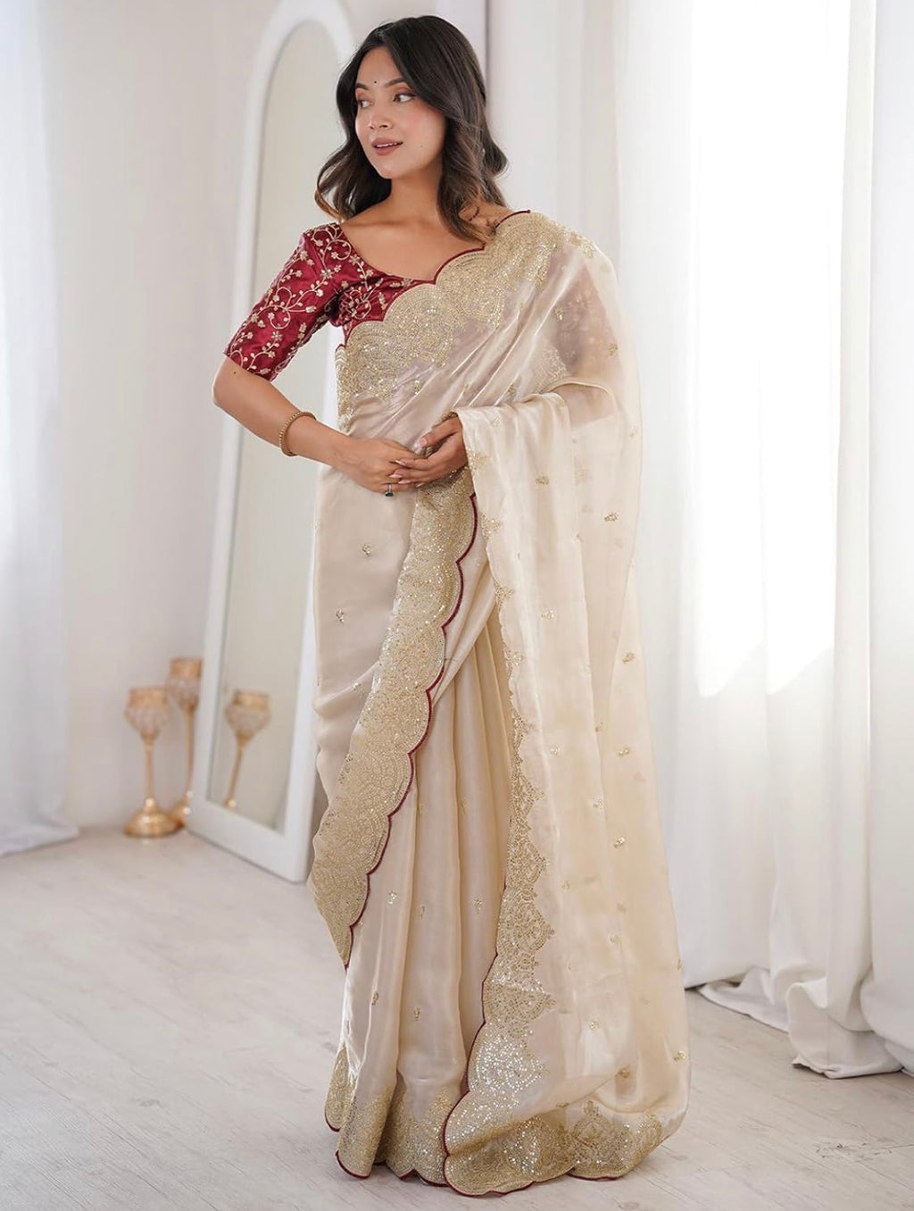Cream and red saree✨