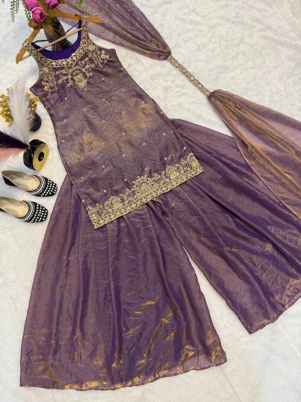 Embroidered Sequence Ready To Wear Top Palazzo Dupatta Set