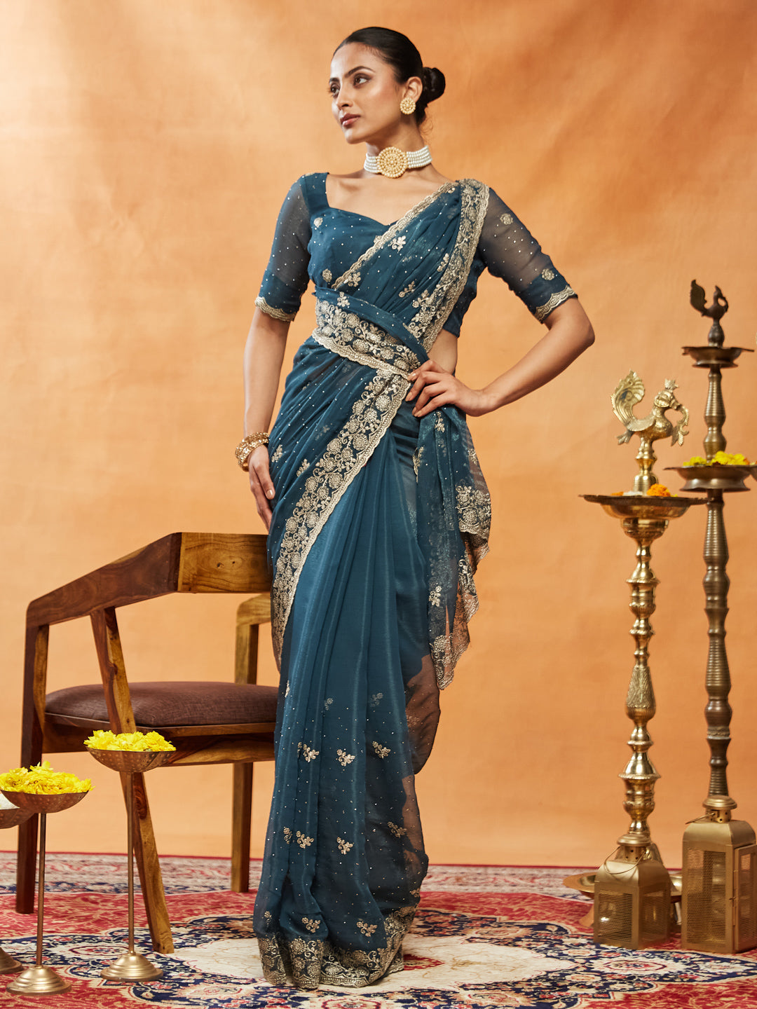 Turquoise Blue Embroidered Chiffon Saree