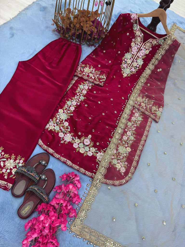 Party Wear Chinon Silk Plazzo Set – Exquisite Embroidery & Handwork