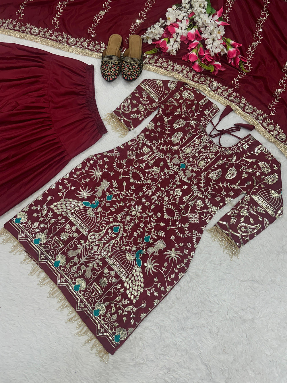 Designer Natural Crepe  Salwar Set – Round Neck – Sequin Embroidered