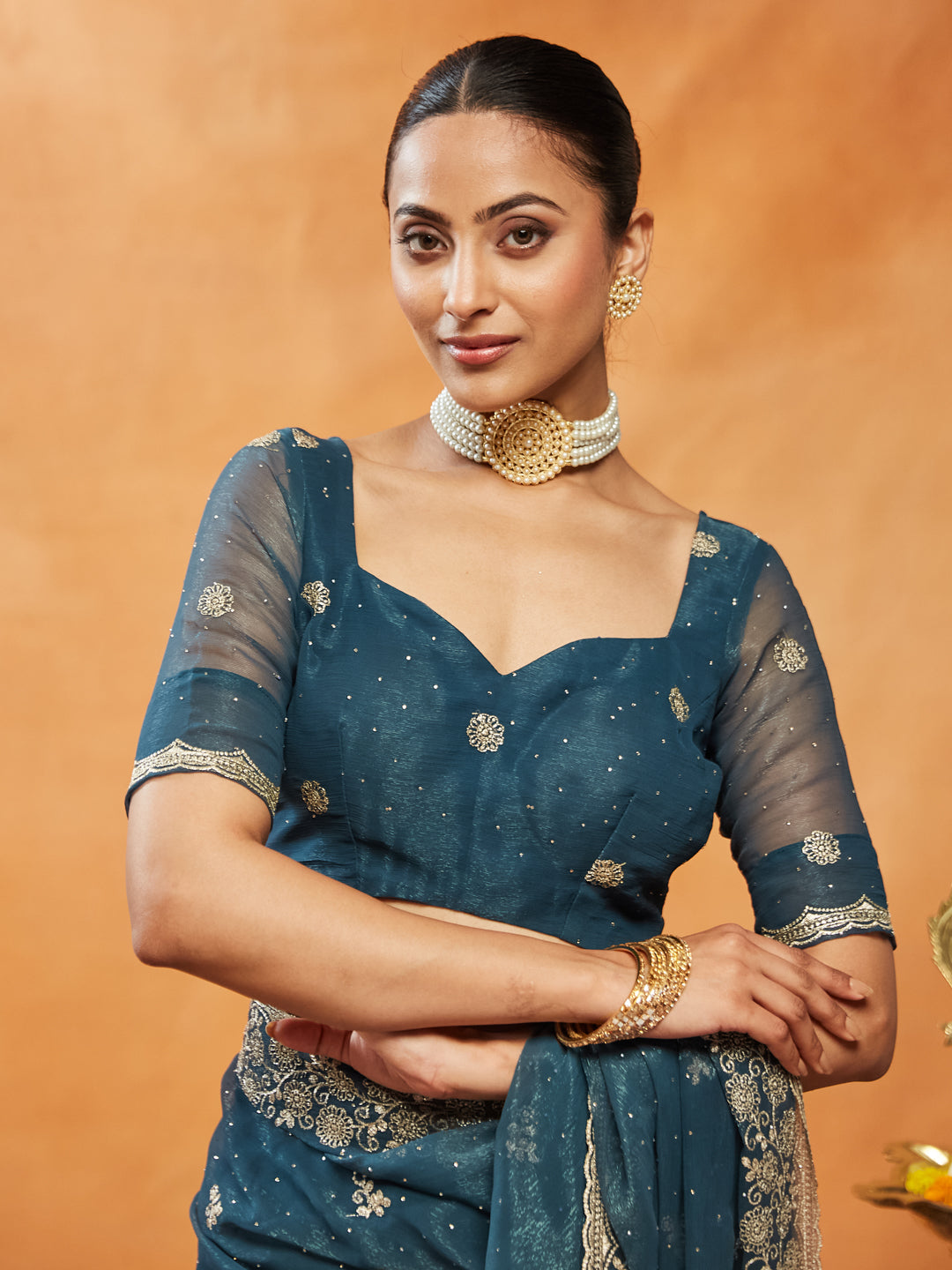 Turquoise Blue Embroidered Chiffon Saree