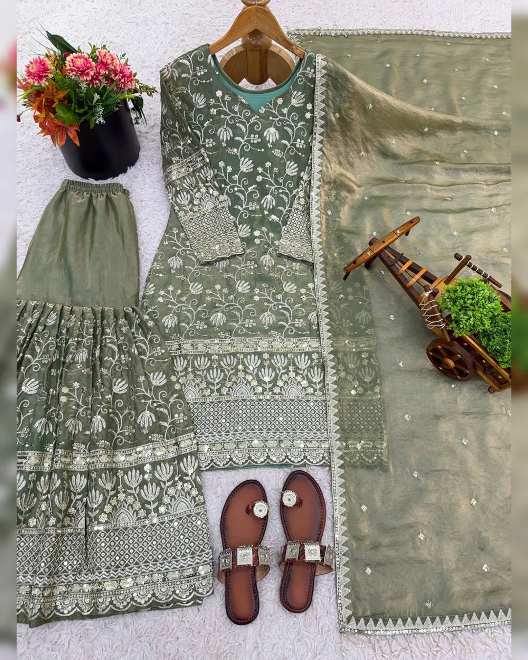 Heavy Embroidery Sequence Work Top Sharara & Dupatta Set