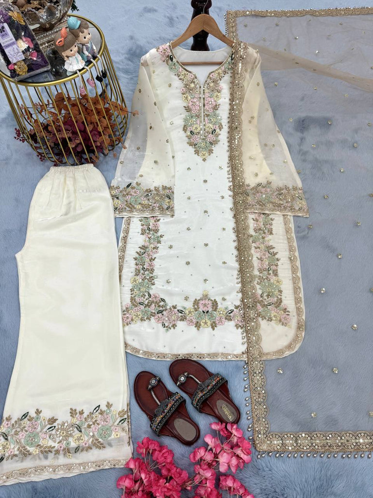 Party Wear Chinon Silk Plazzo Set – Exquisite Embroidery & Handwork