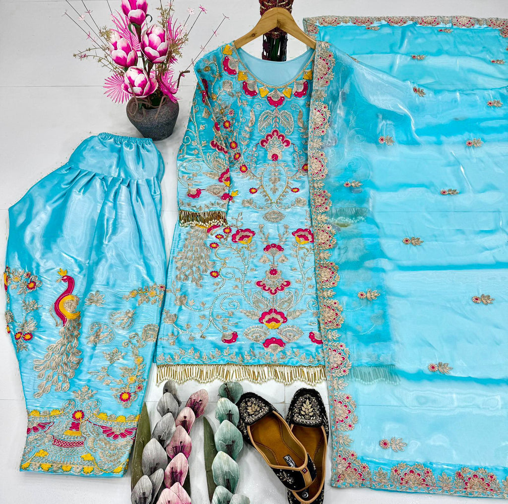 Sky Blue 3-Piece salwar suit| Heavy Jimmy Choo Fabric Party Wear